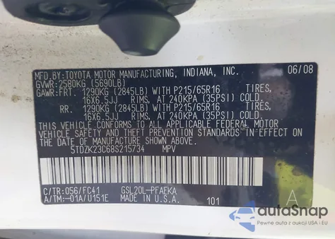 2008 Toyota Sienna Le from USA, damaged, VIN 5TDZK23C68S215734